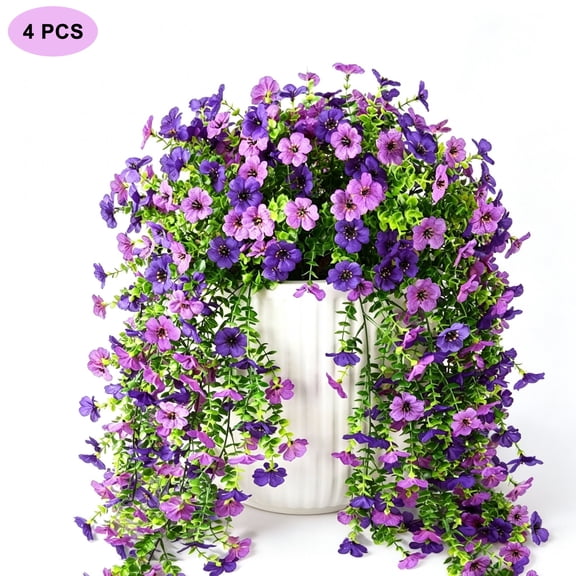 4 PCS Outdoor Artificial Hanging Flowers, UV & Fade Resistant, for Spring and Summer Porch Balcony Patio Garden Home Decor, Purple