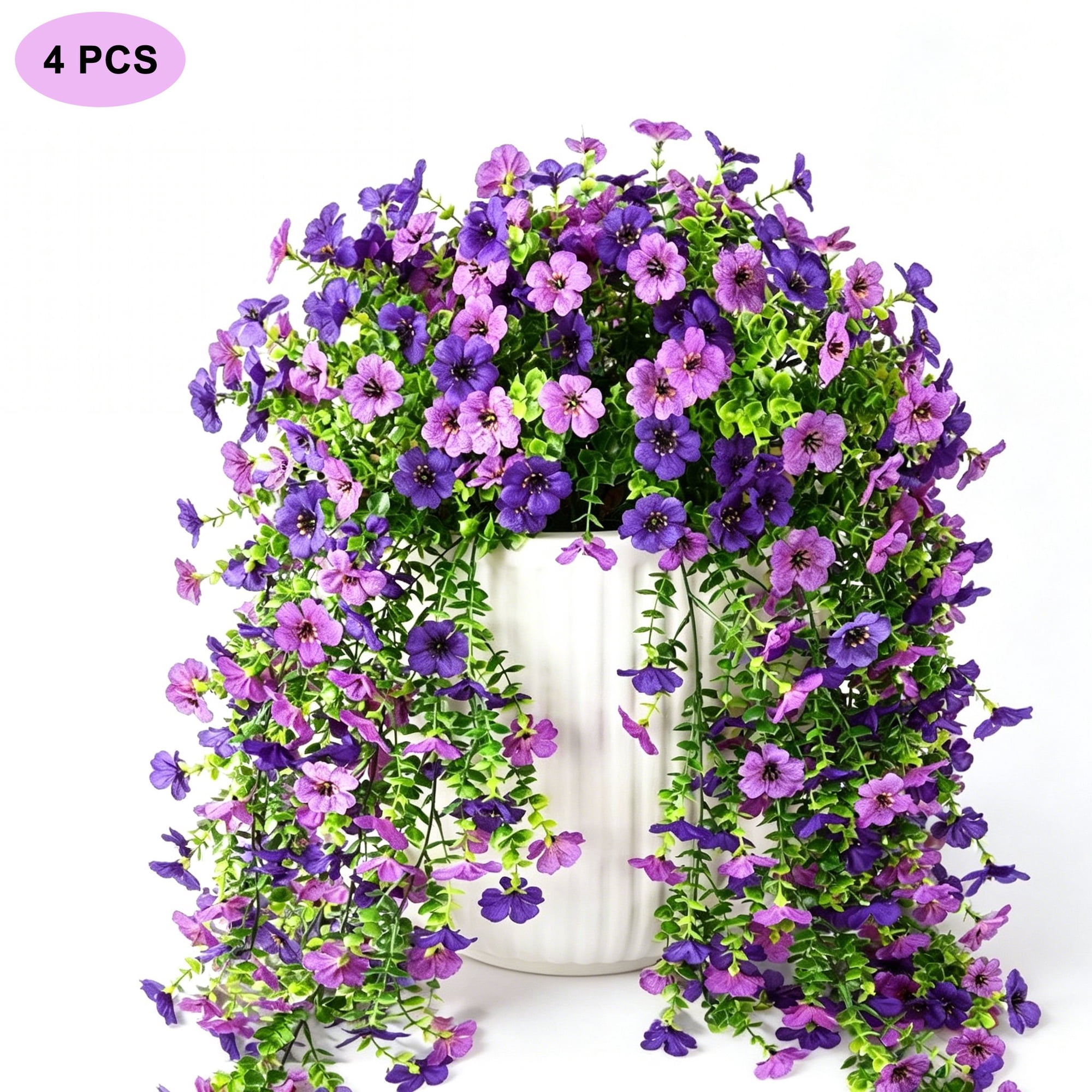 4 PCS Outdoor Artificial Hanging Flowers, UV & Fade Resistant, for Spring and Summer Porch Balcony Patio Garden Home Decor, Purple