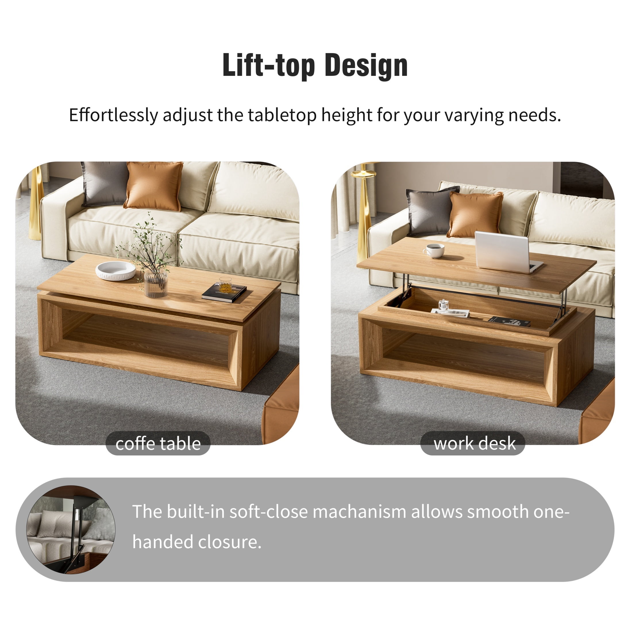 Lift-Top Adjustable Coffee Table with Hidden Storage, Solid Wood Veneered Modern End Table, Accent Cocktail Table