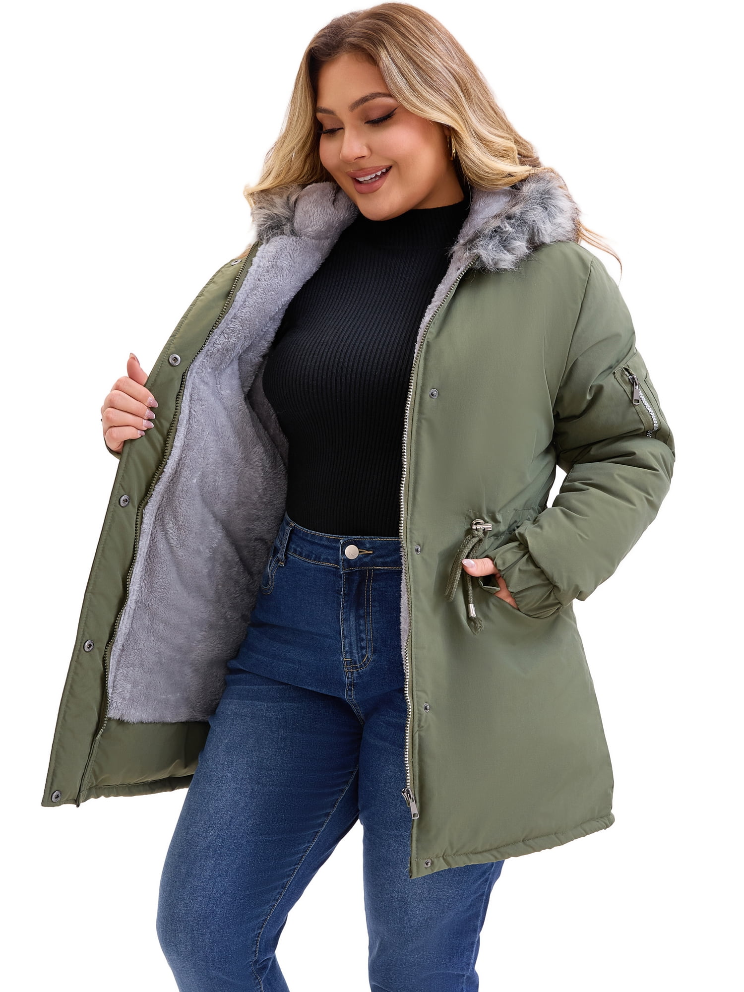 DARING DIVA Women's Plus Parka Jacket Fleece Lined Zipper Coat Army Green 4X