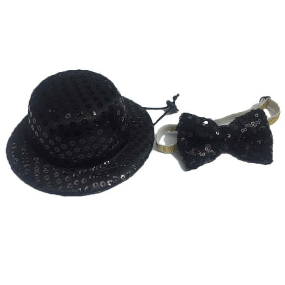 Small Dog Black Sequined Cylinder Top Hat with Bow Tie Set Costume Pet Festive
