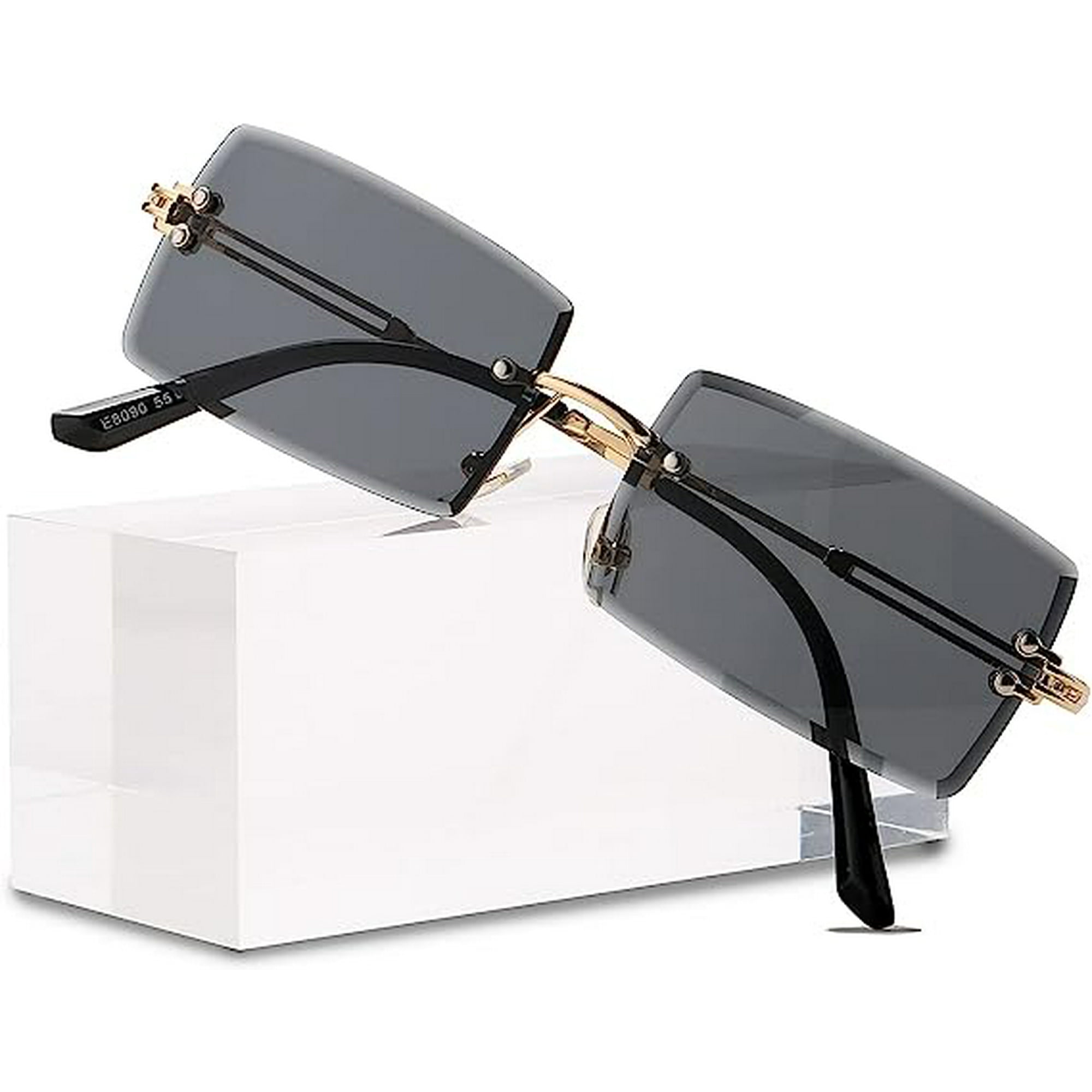 Men and women rimless rectangular sunglasses retro rimless glasses gradient lenses gold frame black and gray lenses