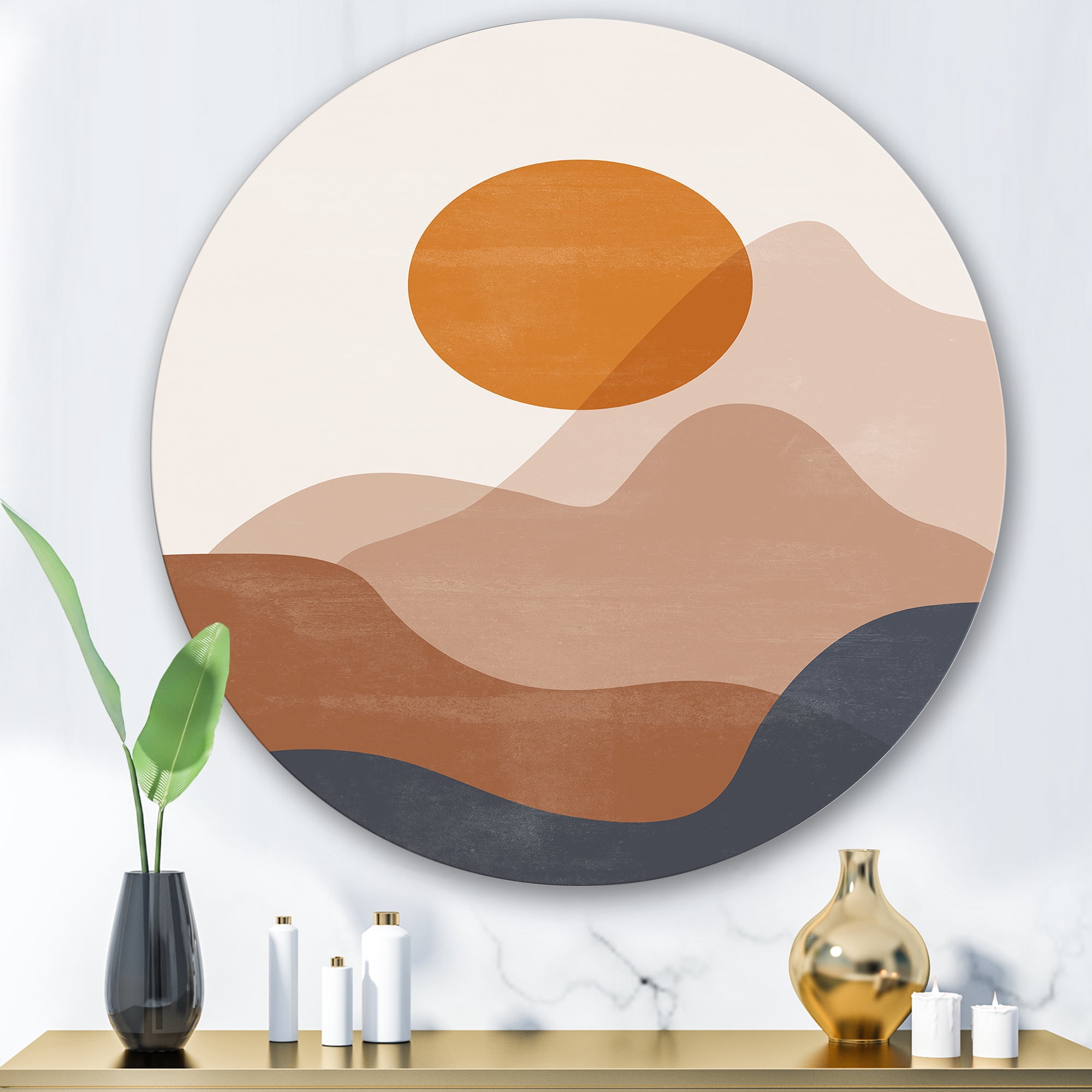 Designart 'Abstract Earth Toned Mountains With Red Moon II' Modern Circle Metal Wall Art 36x36 - Disc of 36