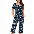 thumbnail image 2 of Jinhomg Women's Summer Pajamas Sets 2 Piece Elegant Floral Print Loungewear Casual Comfy Shorts Sleeve Tunic Tops and Capri Pants with Pockets Navy XL, 2 of 5