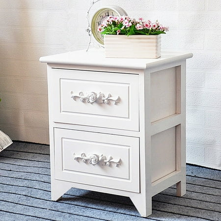 Gothic Bedside Table JERRY & MAGGIE - 2 Drawer White Nightstand Curving Flower Pattern Night Stand Storage Bedside Table Real Natural Paulownia Wood (2 Tier | Flower Curving) ()