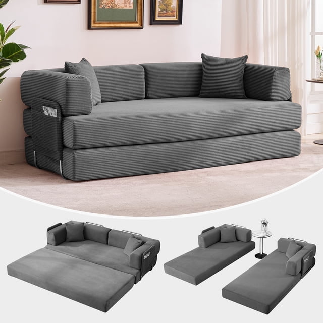 Gaderth 78.8 Inch Convertible Sofa Bed, 5 In 1 Modular Corduroy Sleeper Sofa with Adjustable Armrests, No Assembly Futon Couch Floor Bed for Small Living Room, Guest Room, Apartment