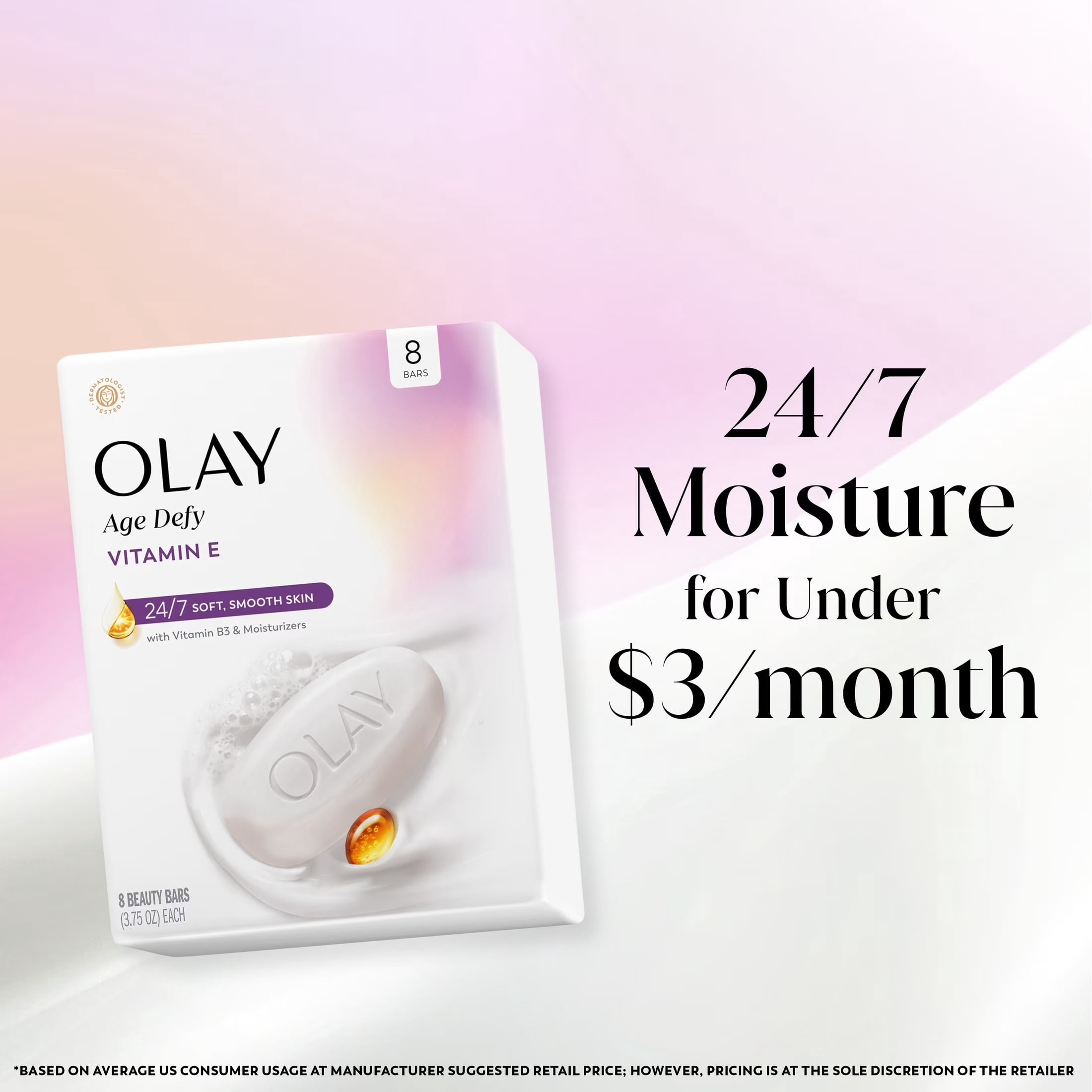 Olay Ultra Moisture Age Defy Beauty Bar with Vitamin E, Vitamin B3 and Moisturizers, 3.75oz, 8 Count