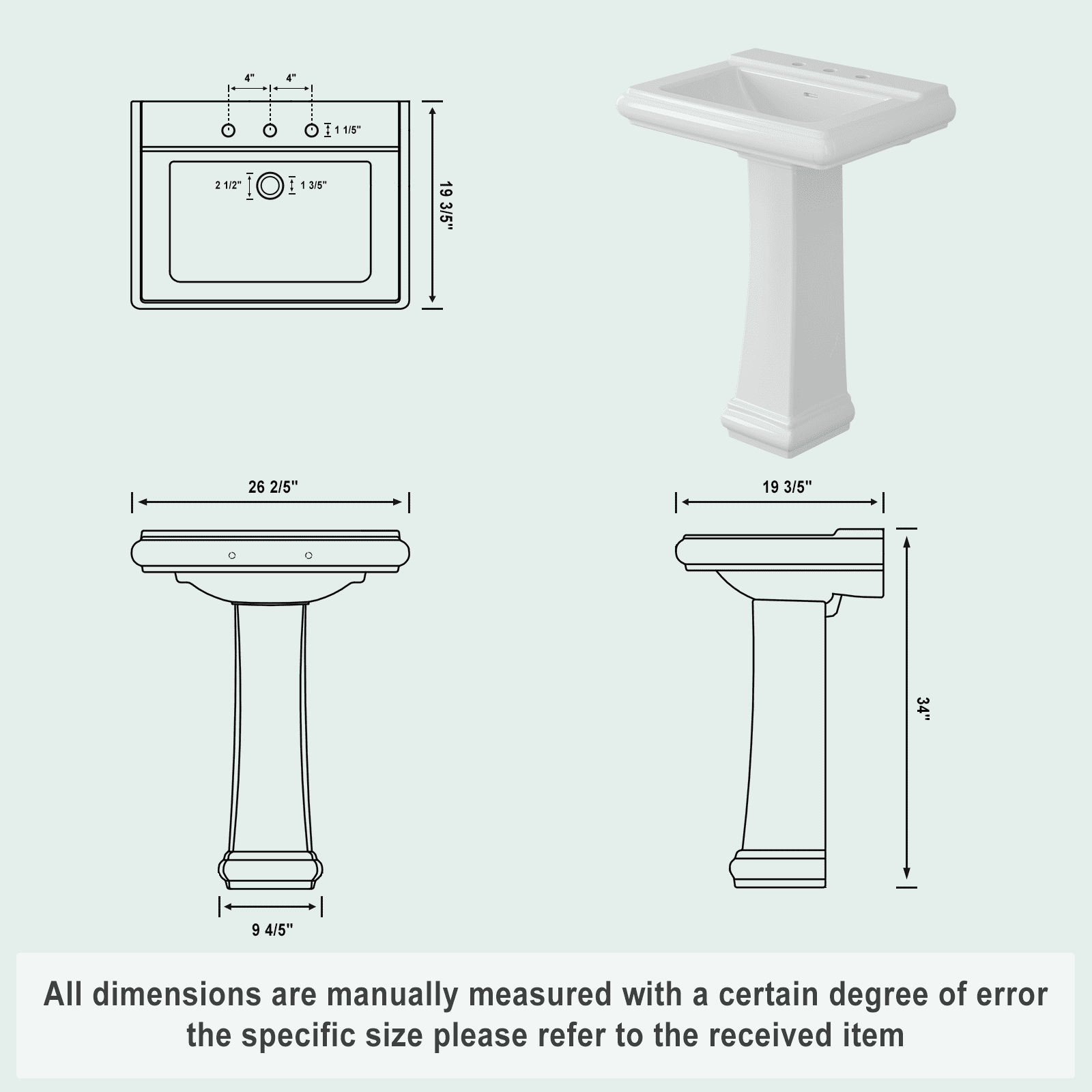 Luku Bathroom Pedestal Sinks, Rectangular Pedestal Sink Modern White Ceramic Pedestal Bathroom Sink Fits 4 in Faucets