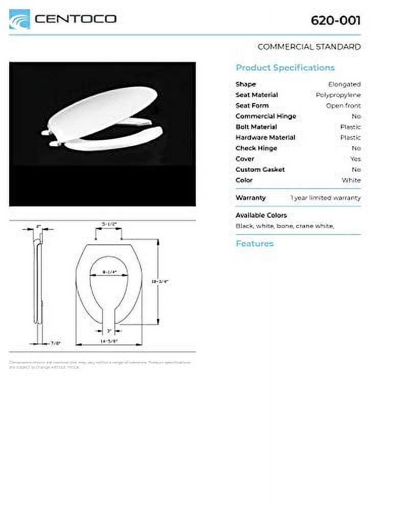 Centoco 620-001 Elongated Plastic Open Front Toilet Seat, Residential and Light Weight Commercial, White