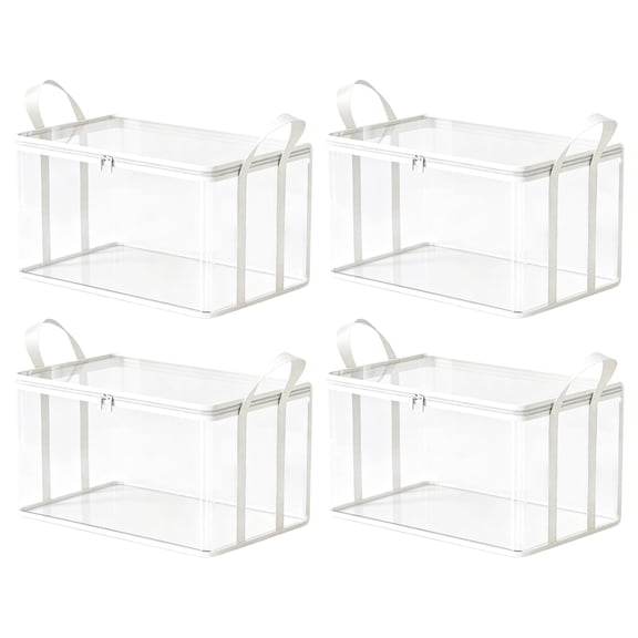 Clear Storage Bin, Medium Size White Rimmed Thickened Transparent, 4 Pack with Zipper Lid and Carry Handles, for Clothes Moving Packing College Dorm Closet Organization Storage