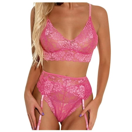 

YDKZYMD Hot Pink Sexy Bra and Panty Sets Sexy Lace Bralette with Garter Lingerie Set 3 Piece L