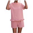 thumbnail image 1 of Birdeem Ensemble Décontracté pour Femmes Printemps et Été, Col Rond Uni, Manches Courtes à Volants, Shorts, 1 of 7