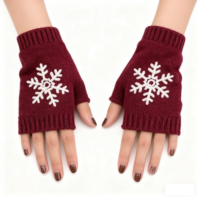 Casual Snowflake Print Knitted Fingerless Mittens For Winter Warmth And Fashion Comfort