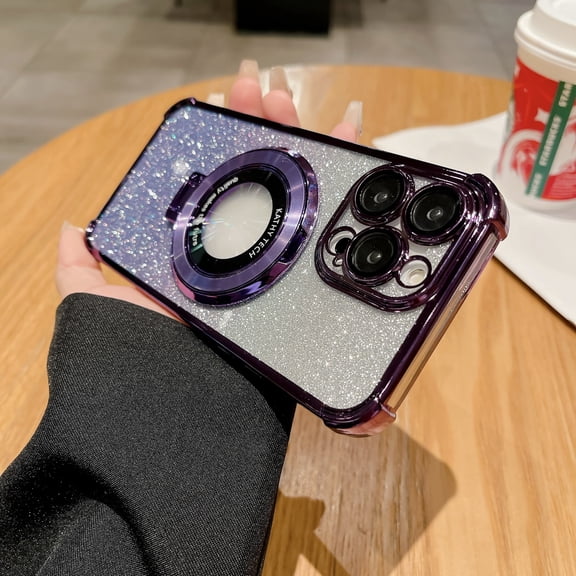 For iPhone 15 Pro Phone Case,Logo View Design,Built-in Ring Kickstand,Lens Protector,Bling Gradient Glitter Back,Compatible with Mag-Safe,Shockproof Anti-fall Phone Case,Darkpurple