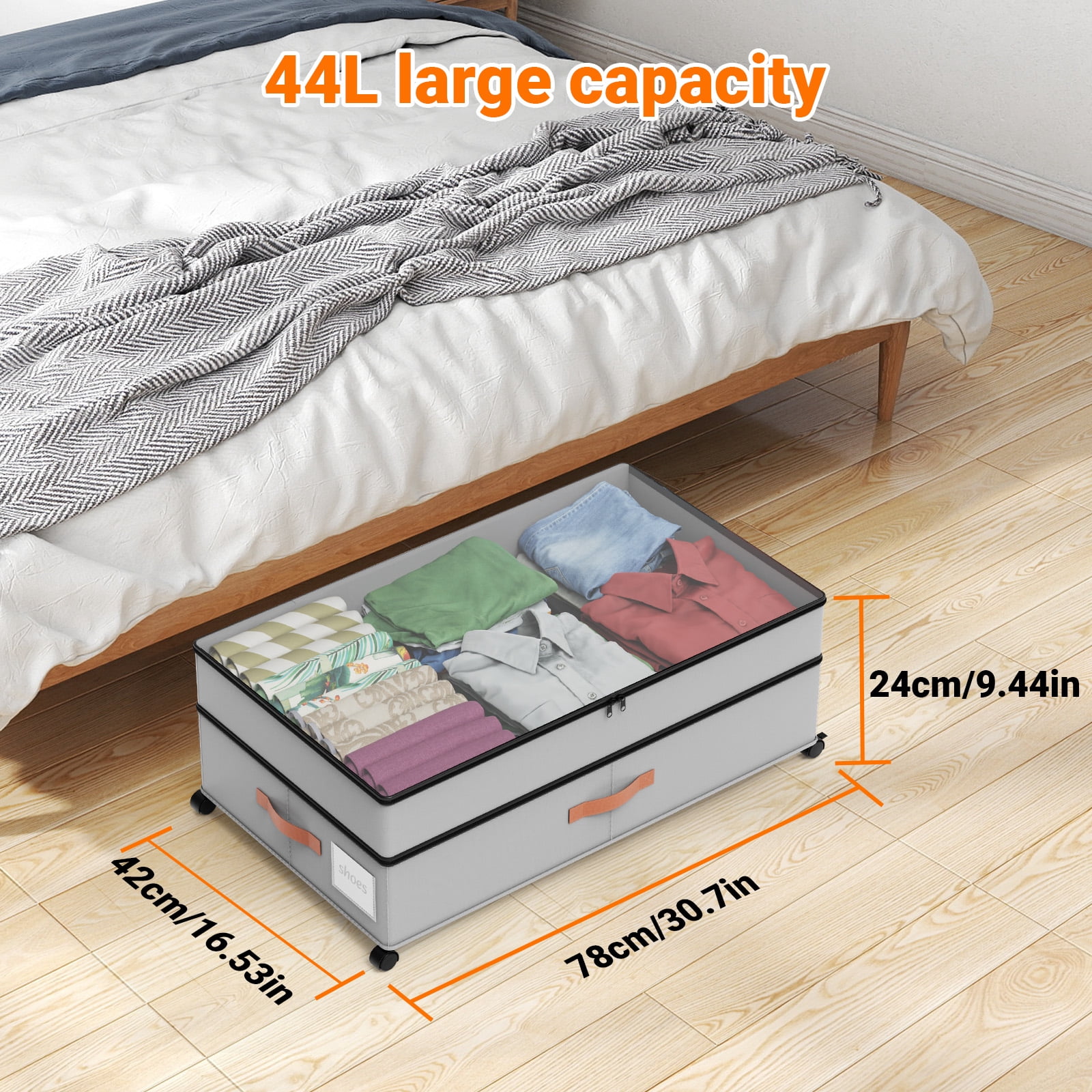 LIZEVINC 2-Pack Large Under Bed Storage with Wheels and Lids – Adjustable Height Rolling Storage Bins with Dividers, Space-Saving Underbed Organizer for Clothes, Shoes, Blankets（Gray）