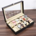 thumbnail image 5 of Caja de reloj de cuero con 12 ranuras, organizador de vitrina con tapa de vidrio enmarcada, elegante contraste y almohada extraíble para hombres y mujeres, cajas de soporte grandes para relojes y joya JFHHH pequeña, 5 of 5