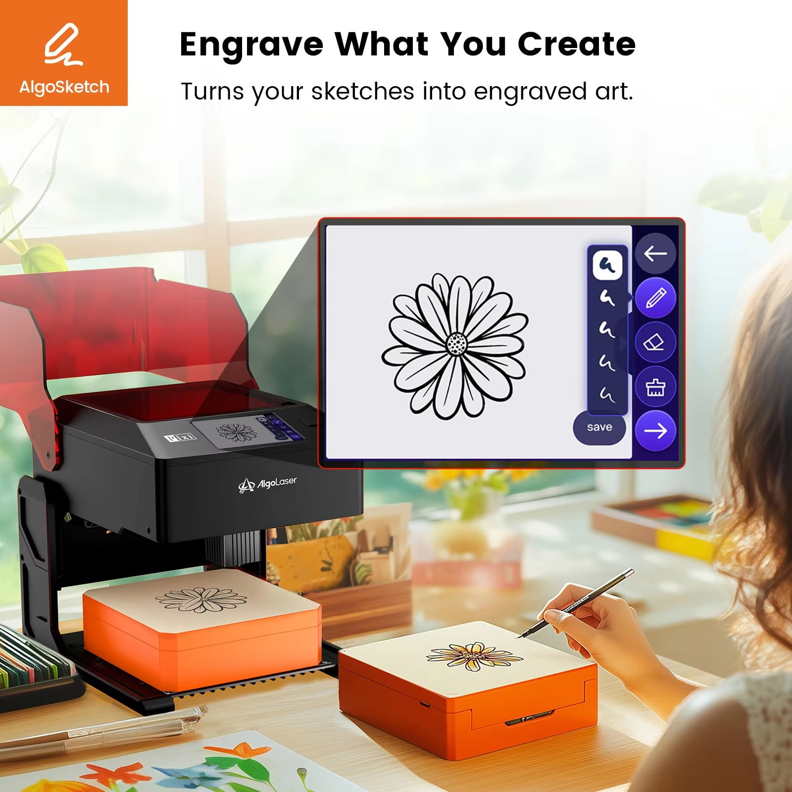 Algolaser Pixi  10W Handwriting Smart Engraving Machine With Housing, 100x100mm Engraving Range, Touch Screen Blue Light CNC, DIY Tool, Holiday Handmade Tool For Christmas Halloween Decoration