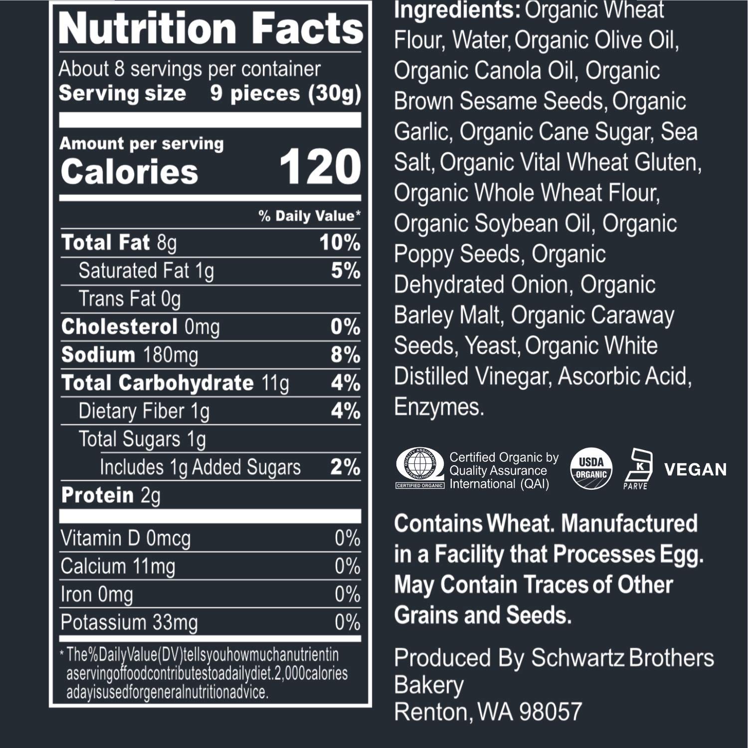 Everything Bagel Chips NY YYF14 Style Bagel Crisps. Vegan, Kosher. From the artisans of Schwartz Brothers Bakery. Baked Fresh. Twice Baked. 8 ounce container. Great Snack. Delicious. Pack of 2.