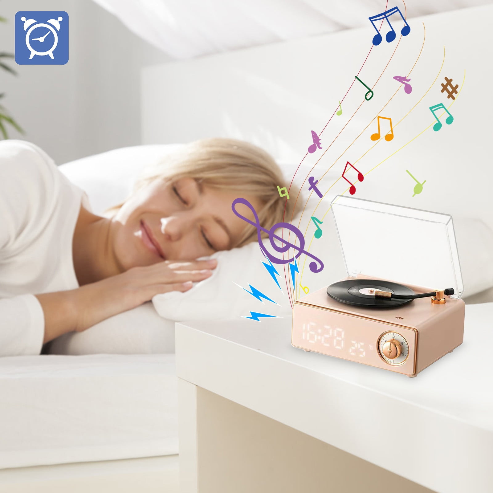 Foqnuq Vintage Bluetooth Speaker Alarm Clock Mini Portable Player Wireless Charging Retro Phonograph Audio for Travel Outdoor Home Use