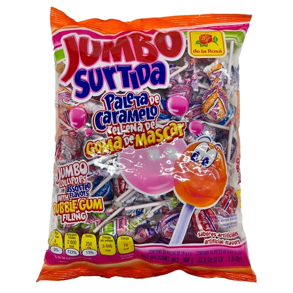Paleta Jumbo Lollipops Assorted Flavors with Bubble Gum Filling 50 und - Paleta Jumbo Surtidas 33.5 oz