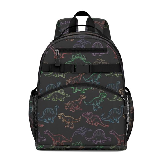 Black Colorful Dinosaurs Chalk Pattern Cute School Backpack Bag for School with Padded Back and Adjustable Shoulder Straps 15.25"x11.5"x5.25"
