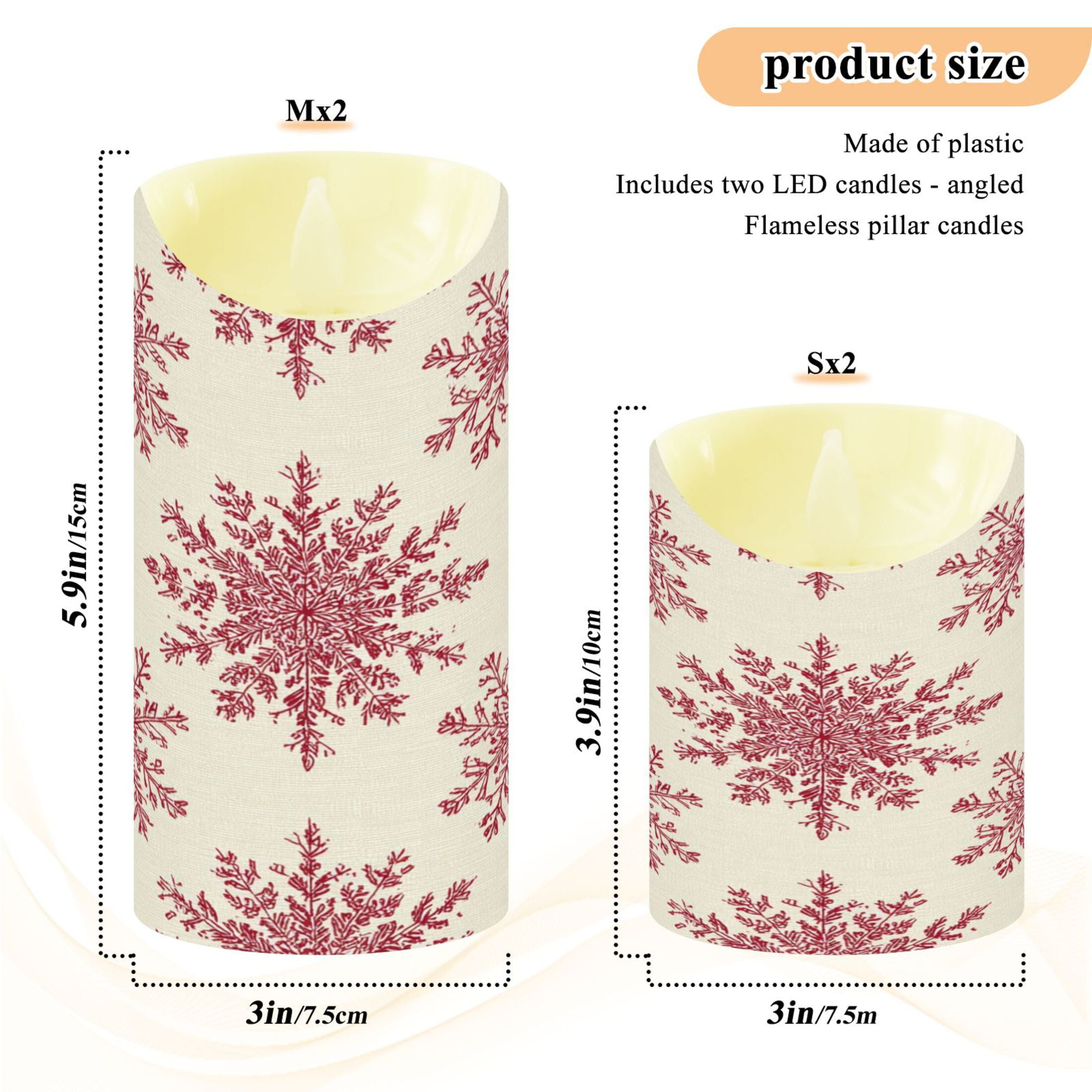 2 PCS Tilted Flameless Candles Flickering LED Lights Battery Operated Candles with Remote Timers for Holiday Decor Elegant Red Snowflakes Pattern
