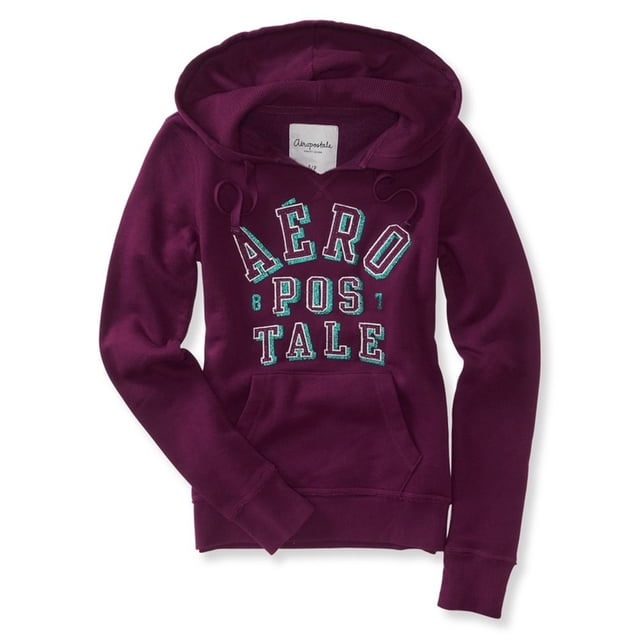 aeropostale - sudadera con capucha y capucha para mujer con purpurina bordada, morado, mediano aeropostale sudadera vista frontal centrada de sudadera morada con capucha y cordones; silueta clásica con bolsillo canguro, cuello en V y mangas largas; letras AEROPOSTALE bordadas forradas con purpurina en el pecho; 72% algodón, 28% poliéster, talla M. A menudo usada como capa ligera de entretiempo para salidas informales.