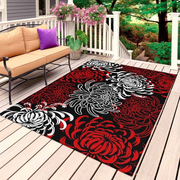 Red White Outdoor Rug for Patio/Deck/Porch, Non-Slip Large Area Rug 5 x 7 Ft, Abstract Black Chrysanthemum Flower Floral Indoor Outdoor Rugs Washable Area Rugs, Reversible Camping Rug Carpet Runner