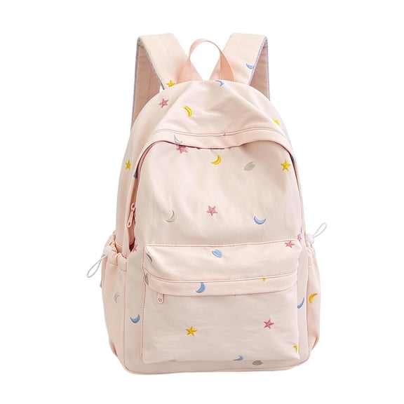 Pastel Pink Star & Moon Embroidery Backpack, Soft Kawaii Aesthetic Student Book Bag, Lightweight Casual Backpack for Teen Girls School Daily Outdoor Trip