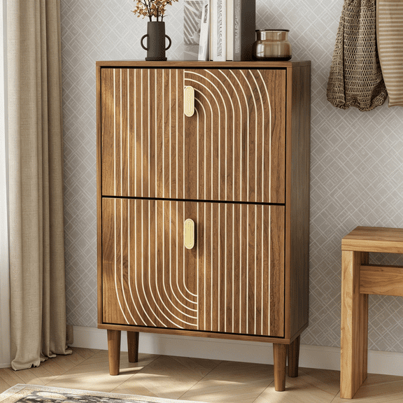 Algherohein Shoe Organizer with 2 Flip Drawers & Adjustable Shelves, Freestanding Wood Slim Shoe Storage Cabinet for Enterway & Hallway, Walnut 23.6"W