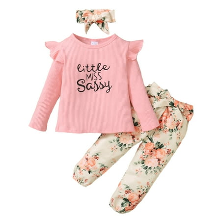 

KIMI BEAR Infant Baby Girls Outfits 18 Months Infant Girls Autumn Outfits 24 Months Infant Girls Sweet Letter Print Long Sleeve T-shirt + Floral Print Pants + Headband 3PCs Set Pink