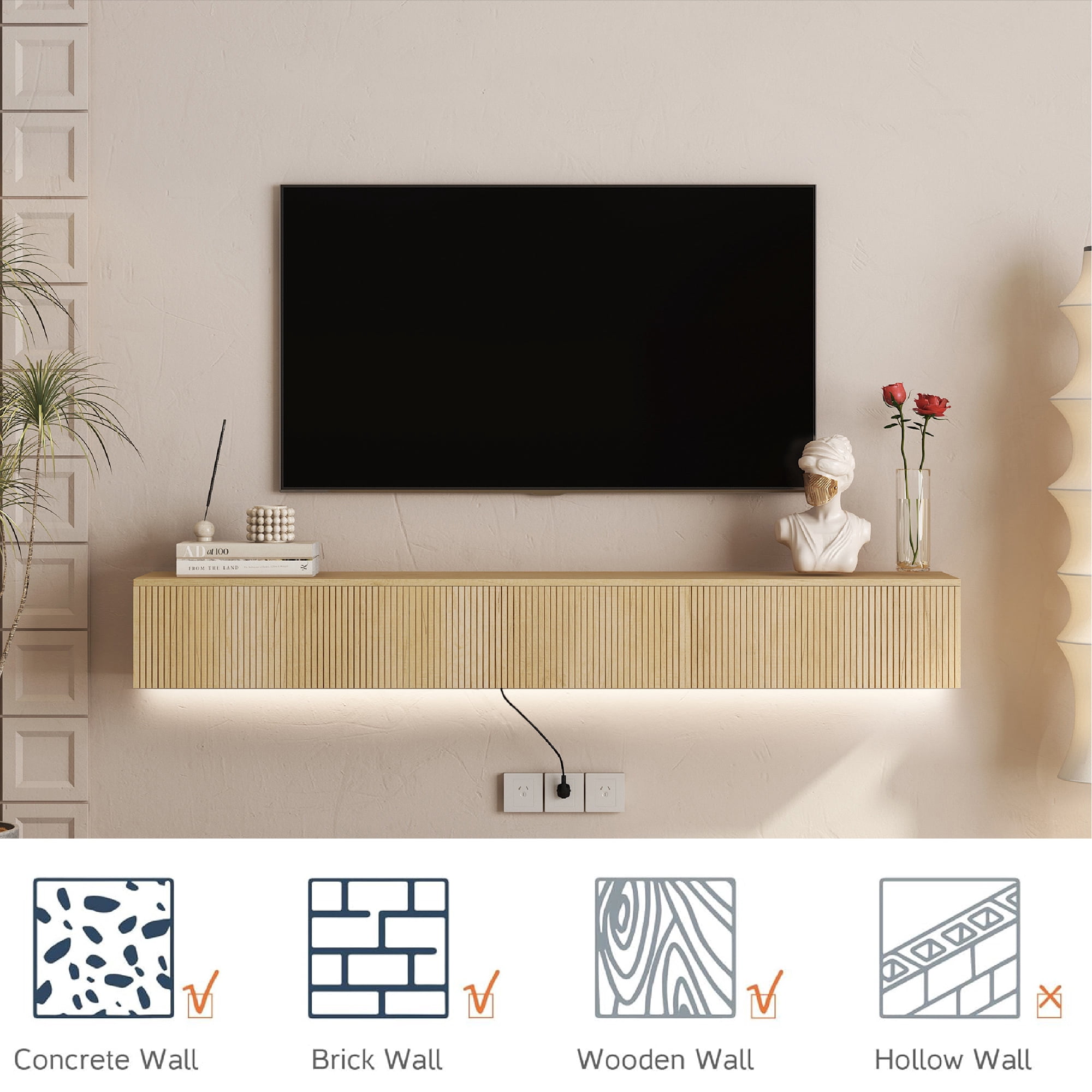 Aukfa Modern Floating TV Stand Wall Mounted for TVs up to 70 with 16 Color LEDs, Natural