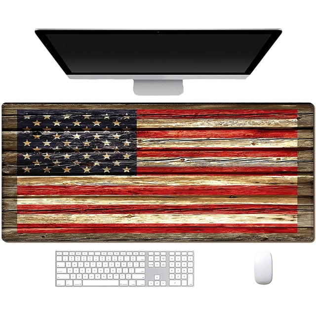 Vintage USA Flag on Wood Texture Large Gaming Mouse Pad for Computer & Laptop, Non-Slip Rubber Base Desk Mat, XL Extended Mousepad for Office & Home 31.5x11.8 Inch