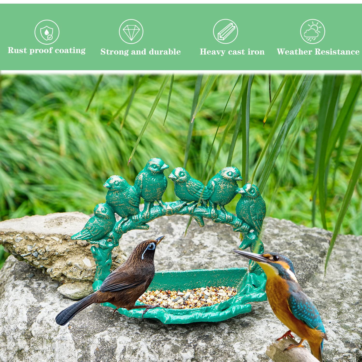 Sungmor Cast Iron Wall Mounted Bird Feeder, Cute Bird Decor Small Water Bath, Wall Hanging Fence Mount Bird Bath Feeder, Beautiful Green Birdfeeder for Garden Backyard Patio Wall Decoration