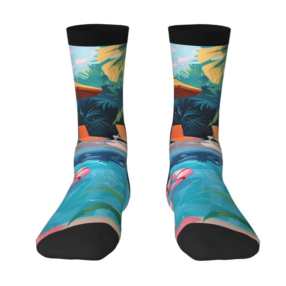 Uemuo Tropical Poolside Relaxation Pattern Women's Crew Socks, Soft Durable Breathable Moisture-Wicking with Odor Control Cotton socks