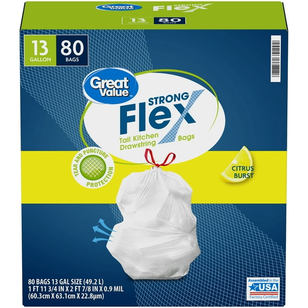 Great Value Tall Kitchen Trash Bags, 13 Gallon, 80 Bags (Strong Flex