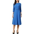 thumbnail image 2 of INSPIRE CHIC Work for Women's Keyhole Neck 3/4 Sleeve Office A-Line Dress with Belt XS Royal Blue, 2 of 6