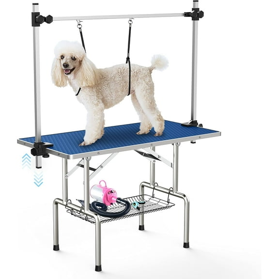 ZephyPaws 46''Large Dog Grooming Table,Adjustable Cat Drying Desktop with Arms,Nooses,Mesh Tray,Foldable Pet Station at Home,Maximum Capacity Up to 330Lb,Blue