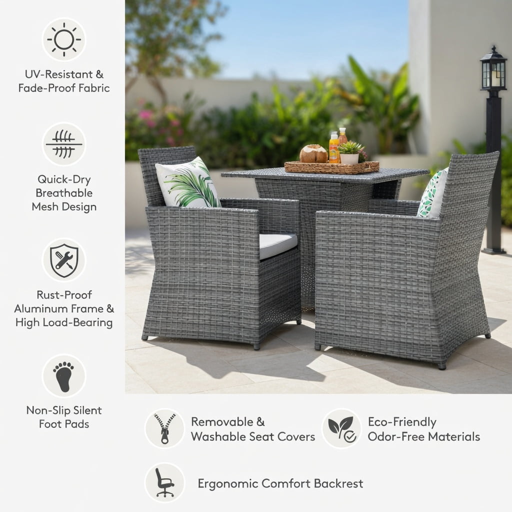 Hommoo 3-Piece Outdoor Rattan Patio Furniture Set, Steel Frame Sofa Chairs with Tempered Glass Table and Removable Cushions for Porch, Balcony, Garden, Navy