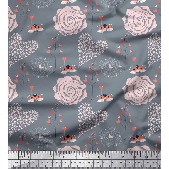 Soimoi Cotton Duck Fabric Heart,Bee & Floral Artistic Print Sewing Fabric Yard 42 Inch Wide