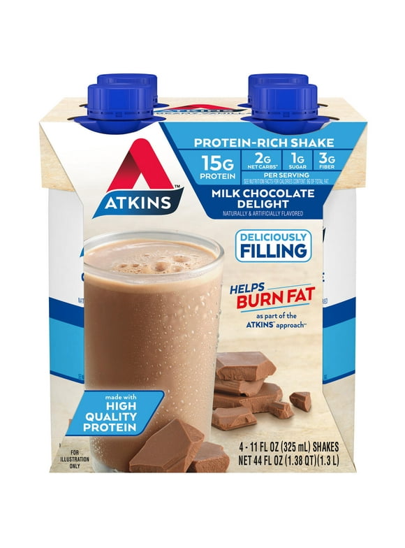 Atkins Milk Chocolate Delight Protein Shake, High Protein, Low Carb, Low Sugar, Keto, Gluten Free, 4 Ct