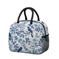 Obrewu Blue Pioneer Flower and Bird Lunch Bag for Adult, Insulated, Leakproof, Oxford Cloth