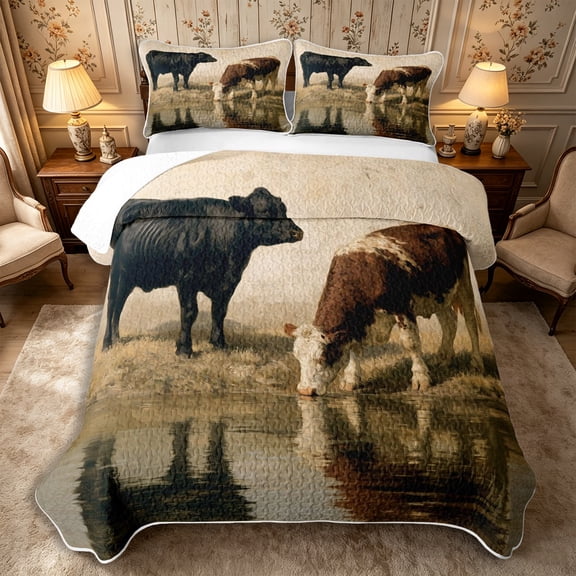 Manfei Rustic Animal Cows Twin Quilt Set 2 Pieces,Vintage Countryside Twin Coverlet Set,Black Beige,1 Bedspread and 1 Pillowcase