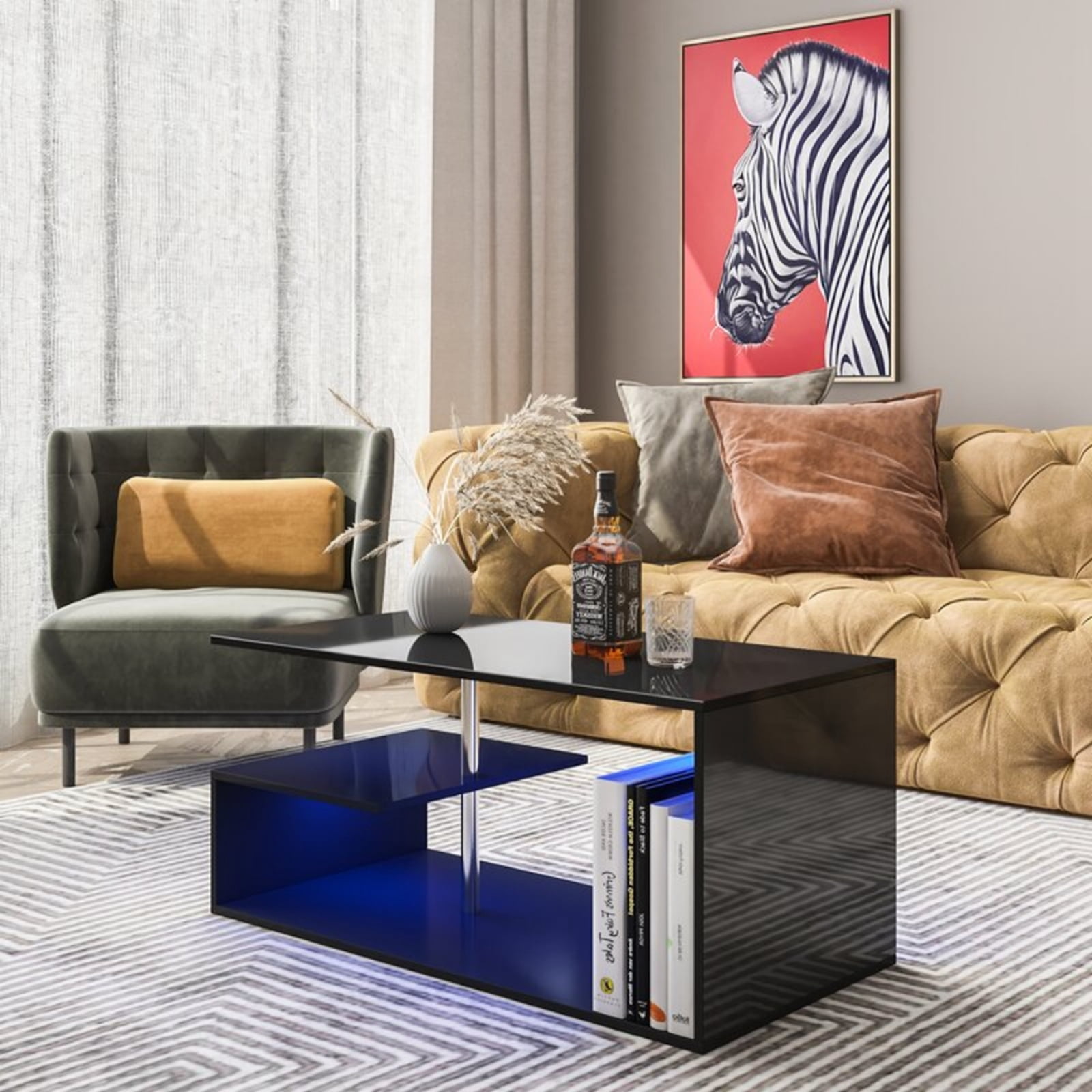 Hommpa High Gloss Black Coffee Table with LED Lights Open Shelf Smart APP Control S Shaped Modern Sofa Side End Table for Living Room