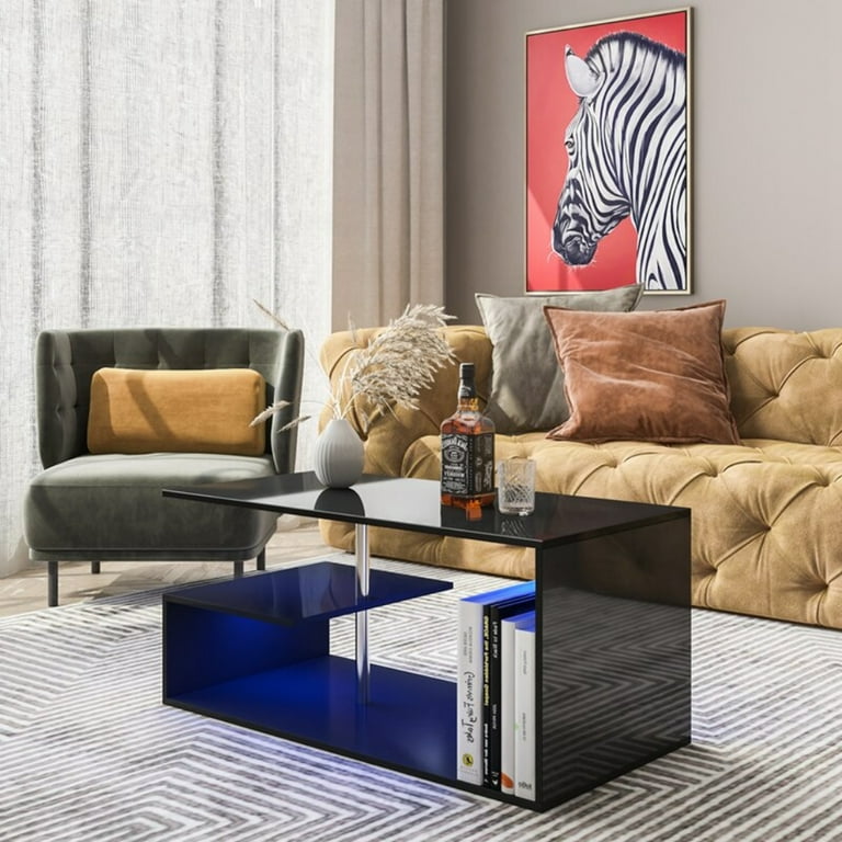 Hommpa High Gloss Coffee Table with Open Shelf LED Lights Smart APP Control Black  Center Sofa End Table S Shaped Modern Cocktail Tables with for Living Room  