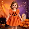 thumbnail image 2 of Toddler Girls Halloween Pumpkin Dress, Orange Corduroy Ruffle Strap Overall Dress, Cute Jack O Lantern Embroidery Princess Skirt for Holiday Party (Orange,3-4 Years), 2 of 5