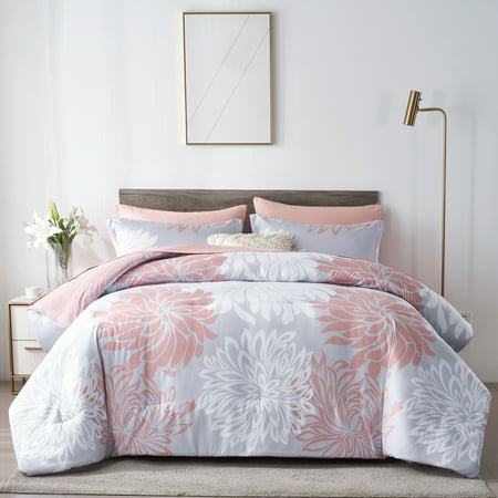 Davulos Twin Comforter Set 5 Piece Pink Bed in a Bag Floral Comforter Set with Sheets Botanical Floral Bed Set Reversible Soft Microfiber Complete Bedding Set for All Season