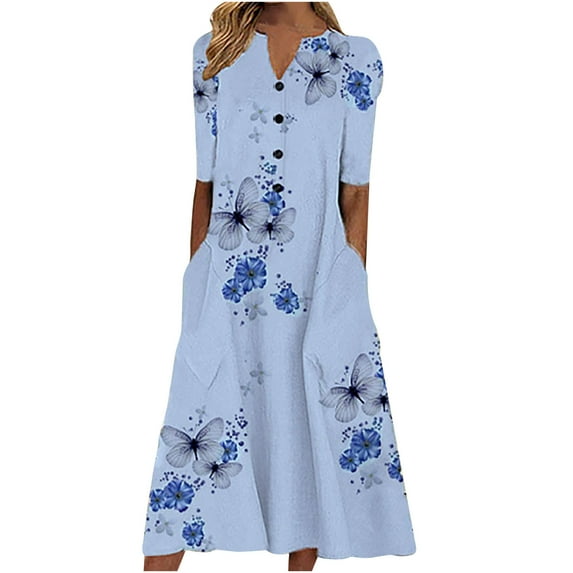 Womens Casual Loose Butterfly Printing V Neck Half Sleeve Button Pockets Long Dress Sexy Summer Boho Floral Formal Sundresses Wedding Guest Prom Bodycon Cocktail Dresses A68-6786