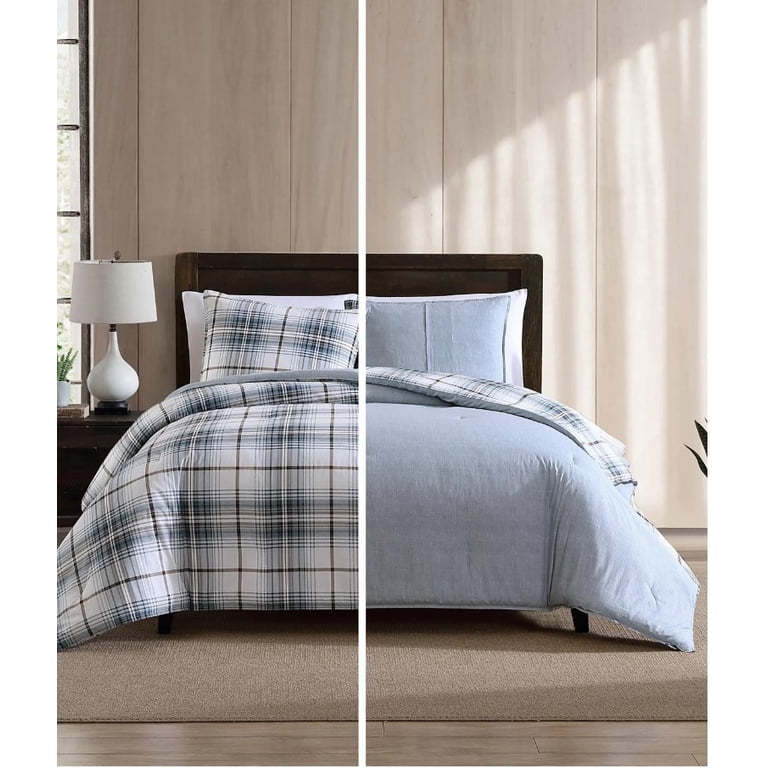Eddie Bauer Twin Duvet Cover Set - Reversible Cotton Chino & Flannel Plaid (Kingston Charcoal)
