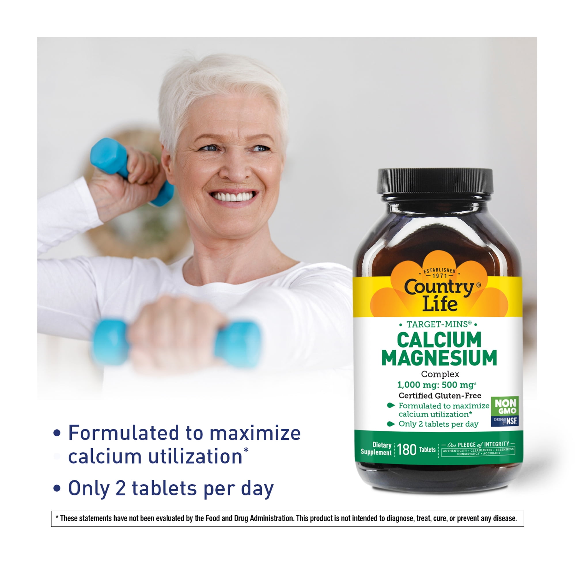 Country Life Target-Mins Calcium Magnesium Complex 1000mg/500mg, 180 Tablets, Certified Gluten Free, Vegan, Non-GMO Verified